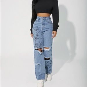 Jeans High Waisted Graphic Line Art